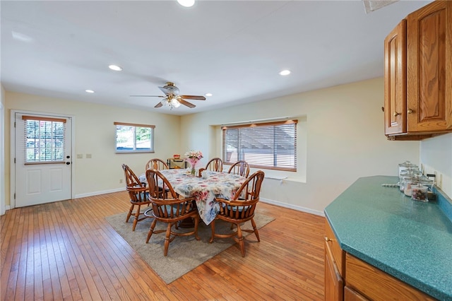 1200 N Cypress St, La Habra Heights, CA 90631 - dining room with light wood finished floors, baseboards, recessed lighting, and a ceiling fan