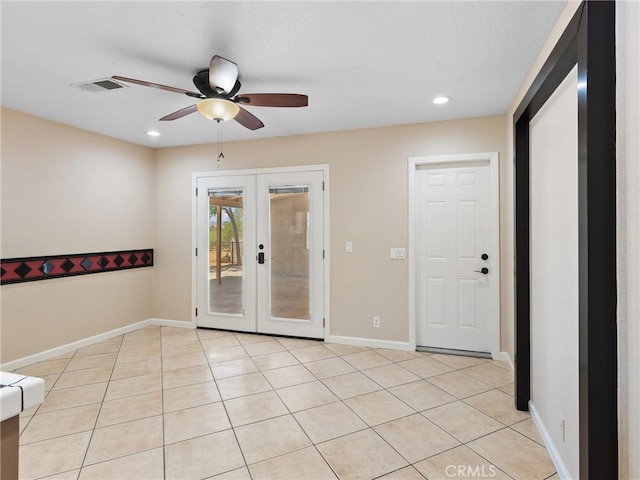 17970 Pitache St, Hesperia, CA 92345 - unfurnished room featuring french doors, a ceiling fan, recessed lighting, light tile patterned flooring, and baseboards