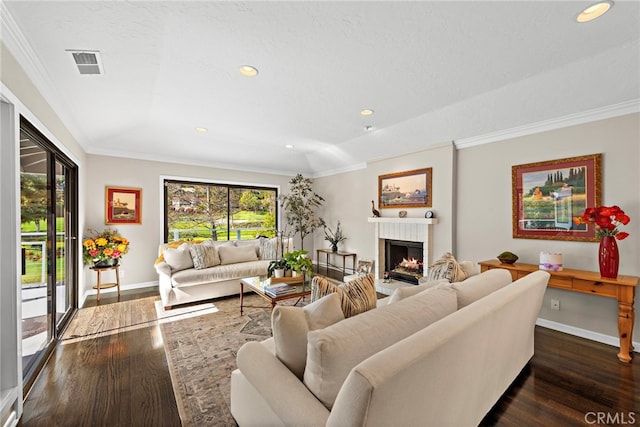 31751 E Nine, Laguna Niguel, CA 92677 - living room with dark wood-type flooring, baseboards, a brick fireplace, crown molding, and recessed lighting