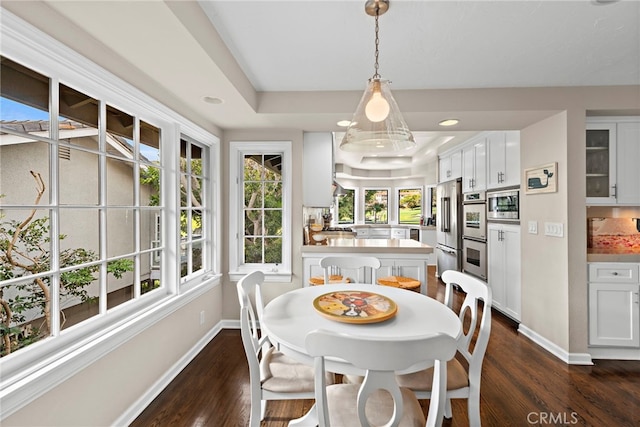 31751 E Nine, Laguna Niguel, CA 92677 - dining room with baseboards, dark wood-style floors, a raised ceiling, and recessed lighting