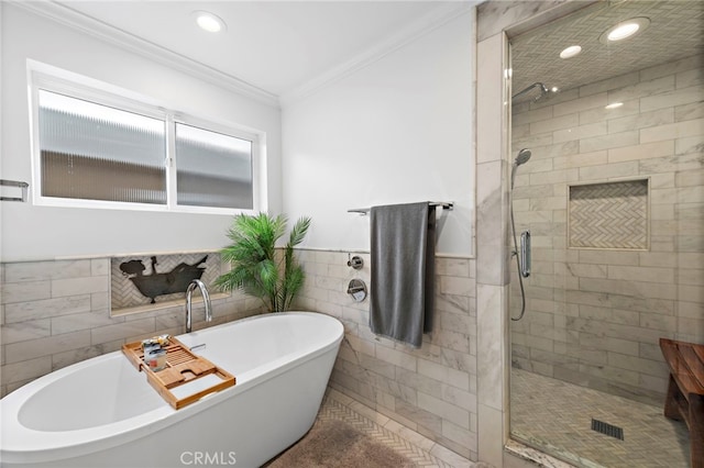 31751 E Nine, Laguna Niguel, CA 92677 - bathroom featuring ornamental molding, a freestanding tub, a stall shower, tile walls, and recessed lighting