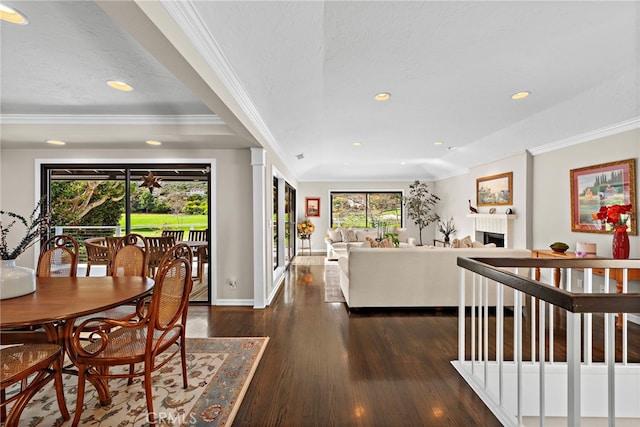 31751 E Nine, Laguna Niguel, CA 92677 - dining space with dark wood-type flooring, ornamental molding, baseboards, recessed lighting, and a fireplace