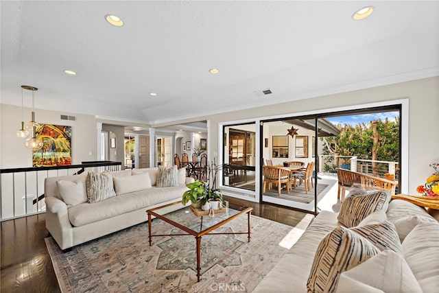 31751 E Nine, Laguna Niguel, CA 92677 - living area featuring recessed lighting, wood finished floors, and crown molding
