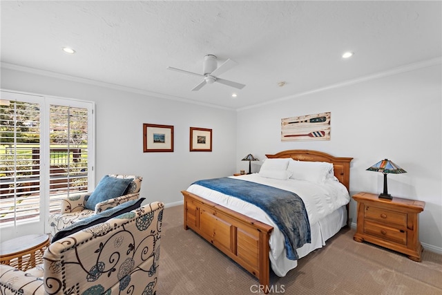 31751 E Nine, Laguna Niguel, CA 92677 - bedroom featuring light carpet, baseboards, recessed lighting, crown molding, and ceiling fan