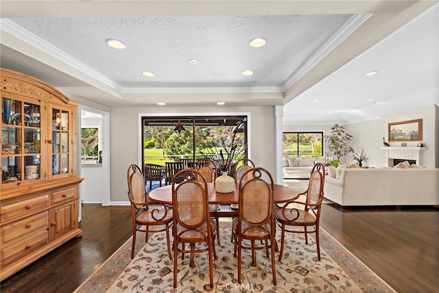31751 E Nine, Laguna Niguel, CA 92677 - dining room featuring dark wood-style flooring, ornamental molding, baseboards, recessed lighting, and a raised ceiling