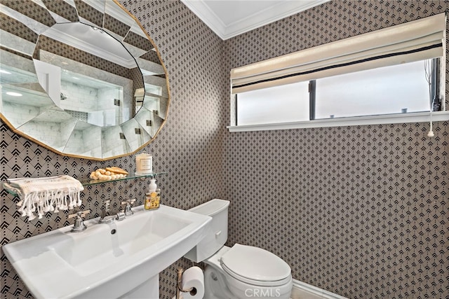 31751 E Nine, Laguna Niguel, CA 92677 - bathroom with ornamental molding, a sink, toilet, and wallpapered walls