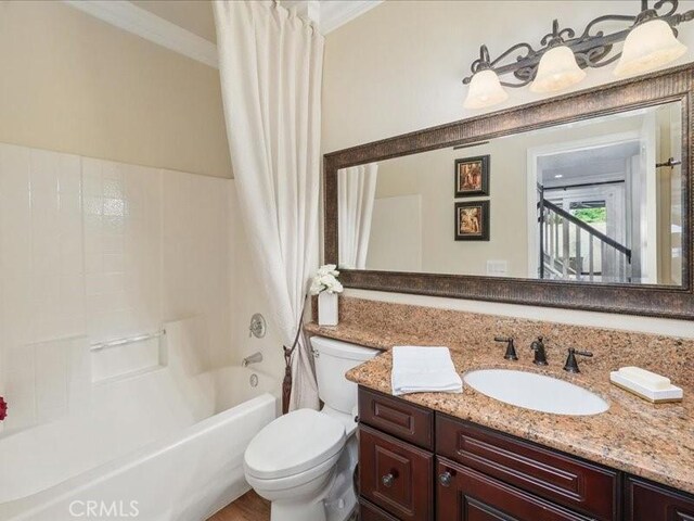 27718 Heartwood Ct, Valencia, CA 91354 - full bath with toilet, vanity, shower / bath combo, and ornamental molding