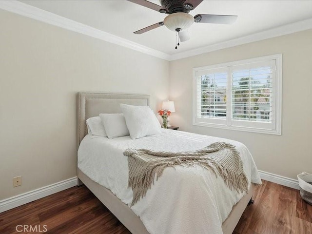 27718 Heartwood Ct, Valencia, CA 91354 - bedroom with baseboards, crown molding, wood finished floors, and a ceiling fan