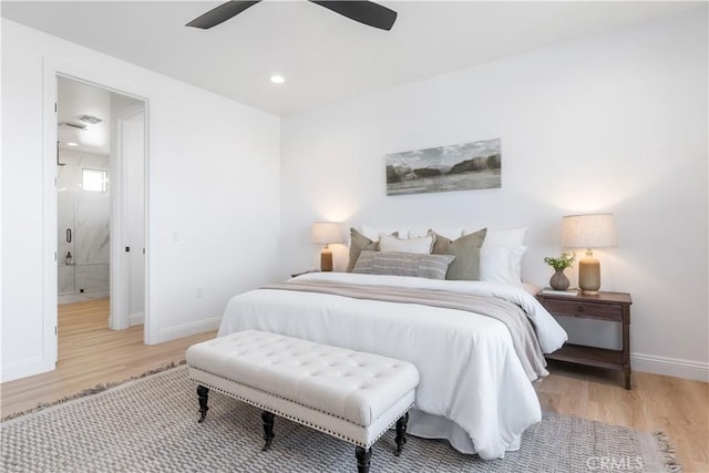 13165 N Bluffs Ct, San Miguel, CA 93451 - bedroom featuring light wood-style flooring, baseboards, ceiling fan, and recessed lighting
