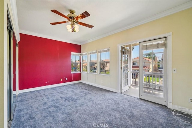 12958 Boston Ave, Chino, CA 91710 - empty room featuring healthy amount of natural light, carpet flooring, a ceiling fan, ornamental molding, and baseboards