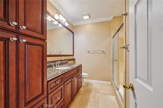 12958 Boston Ave, Chino, CA 91710 - full bathroom featuring a stall shower, ornamental molding, toilet, vanity, and baseboards