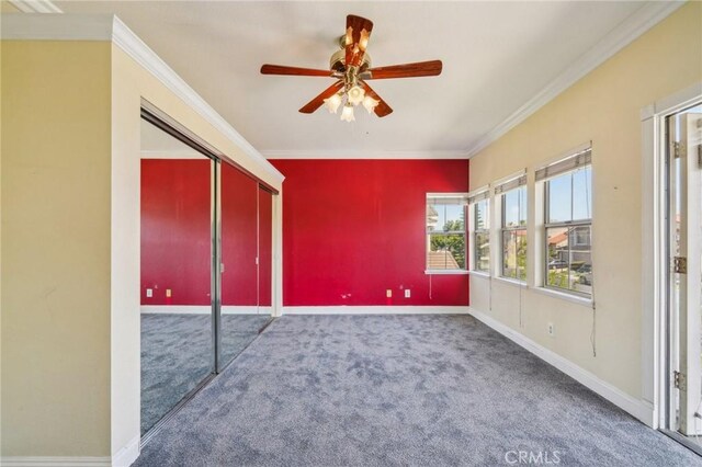 12958 Boston Ave, Chino, CA 91710 - unfurnished bedroom featuring carpet flooring, ornamental molding, a closet, baseboards, and a ceiling fan