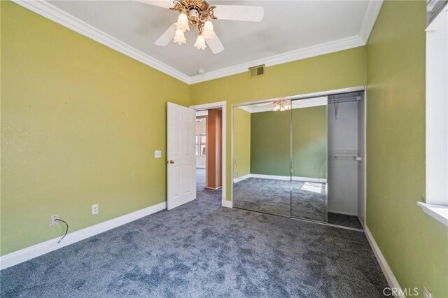 12958 Boston Ave, Chino, CA 91710 - unfurnished bedroom featuring carpet, crown molding, baseboards, a closet, and a ceiling fan