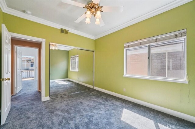 12958 Boston Ave, Chino, CA 91710 - unfurnished bedroom featuring ornamental molding, carpet floors, a closet, baseboards, and a ceiling fan