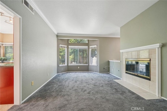 12958 Boston Ave, Chino, CA 91710 - unfurnished living room with carpet, crown molding, baseboards, and a fireplace