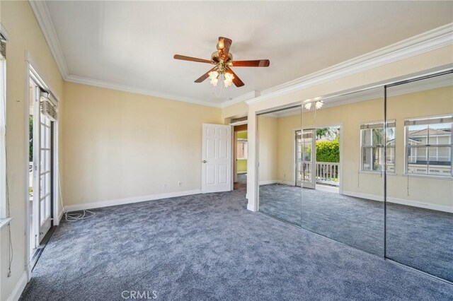 12958 Boston Ave, Chino, CA 91710 - unfurnished bedroom featuring carpet, crown molding, baseboards, a ceiling fan, and access to outside