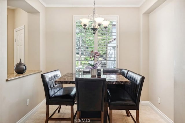 23423 Abbey Glen Pl Unit 30, Valencia, CA 91354 - dining room with a chandelier, baseboards, ornamental molding, and light tile patterned floors