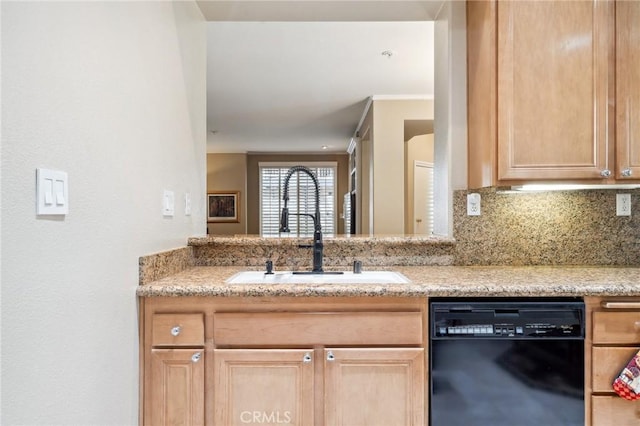 23423 Abbey Glen Pl Unit 30, Valencia, CA 91354 - kitchen with dishwasher, a sink, light brown cabinets, light stone counters, and decorative backsplash