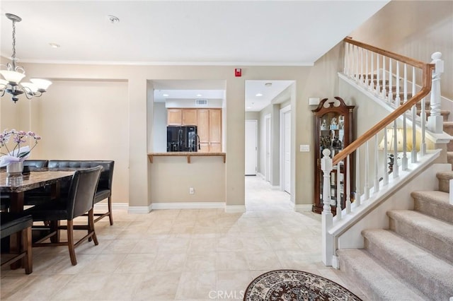 23423 Abbey Glen Pl Unit 30, Valencia, CA 91354 - dining space with a chandelier, stairway, ornamental molding, baseboards, and recessed lighting