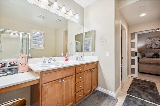 23423 Abbey Glen Pl Unit 30, Valencia, CA 91354 - ensuite bathroom with a shower stall, tile patterned flooring, and double vanity