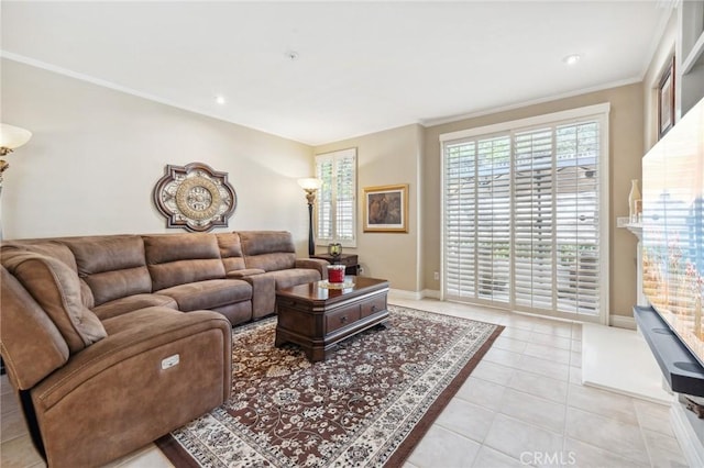 23423 Abbey Glen Pl Unit 30, Valencia, CA 91354 - living area featuring light tile patterned floors, crown molding, baseboards, and recessed lighting