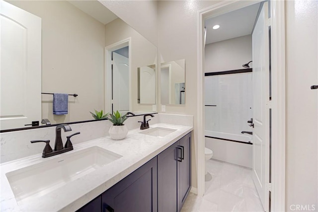 39454 Chamise St, Temecula, CA 92591 - bathroom featuring toilet, marble finish flooring, double vanity, shower / bath combination, and recessed lighting