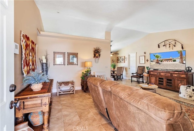57490 Redondo St, Yucca Valley, CA 92284 - living area featuring lofted ceiling, a ceiling fan, light tile patterned floors, and baseboards