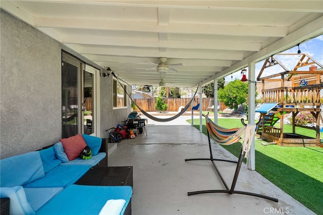 5979 Stanton Ave, Highland, CA 92346 - view of patio / terrace featuring a playground, outdoor lounge area, and ceiling fan