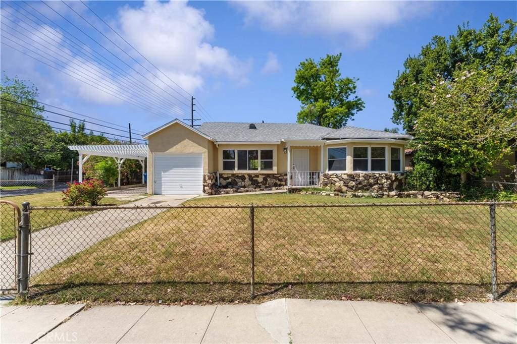 14259 Emelita St, Van Nuys, CA 91401 - single story home featuring driveway, stone siding, a garage, stucco siding, and a pergola