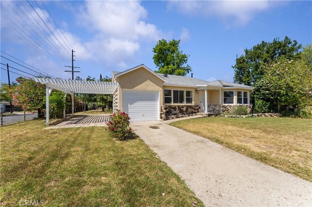 14259 Emelita St, Van Nuys, CA 91401 - ranch-style house with a garage, stucco siding, concrete driveway, stone siding, and a front yard