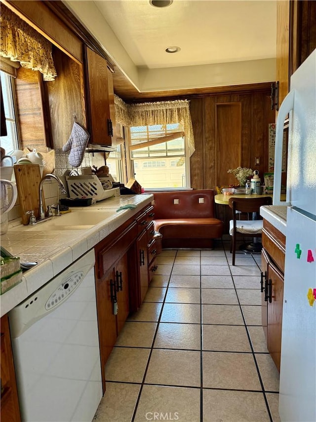 2277 Cogswell Rd, El Monte, CA 91732 - kitchen featuring white appliances, tile countertops, and light tile patterned floors