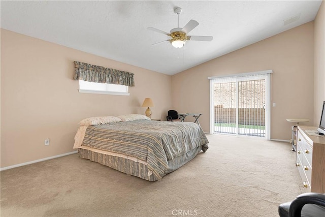 14303 Schooner Dr, Helendale, CA 92342 - carpeted bedroom with access to exterior, lofted ceiling, baseboards, and a ceiling fan