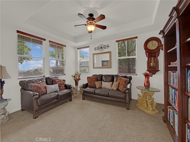 20361 Julia Ln, Saugus, CA 91350 - living area with a tray ceiling, a ceiling fan, and carpet floors