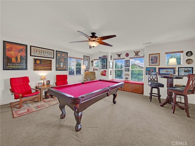 20361 Julia Ln, Saugus, CA 91350 - playroom with billiards, carpet floors, plenty of natural light, and a ceiling fan