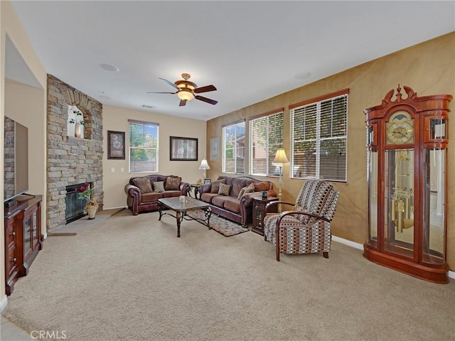 20361 Julia Ln, Saugus, CA 91350 - carpeted living room featuring ceiling fan, a fireplace, and baseboards