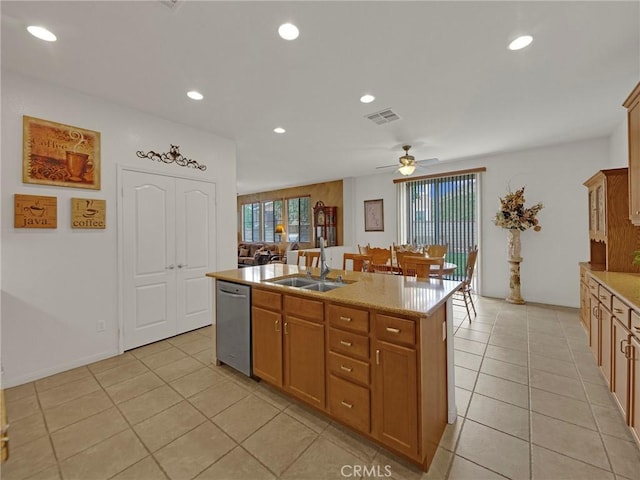 20361 Julia Ln, Saugus, CA 91350 - kitchen featuring a sink, dishwasher, light tile patterned floors, a ceiling fan, and recessed lighting