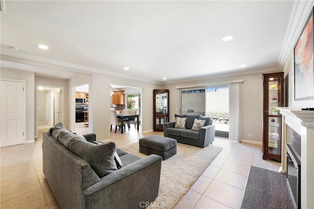 21848 Ute Way, Lake Forest, CA 92630 - living area featuring light tile patterned flooring, a high end fireplace, baseboards, recessed lighting, and ornamental molding