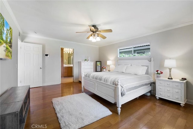 21848 Ute Way, Lake Forest, CA 92630 - bedroom featuring dark wood-style flooring, ceiling fan, ornamental molding, baseboards, and ensuite bath