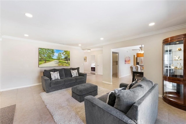 21848 Ute Way, Lake Forest, CA 92630 - living room featuring light tile patterned flooring, recessed lighting, crown molding, baseboards, and a ceiling fan
