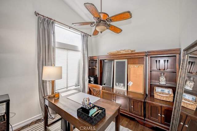 22206 Claibourne Ln, Saugus, CA 91350 - home office with ceiling fan, dark wood-type flooring, and baseboards