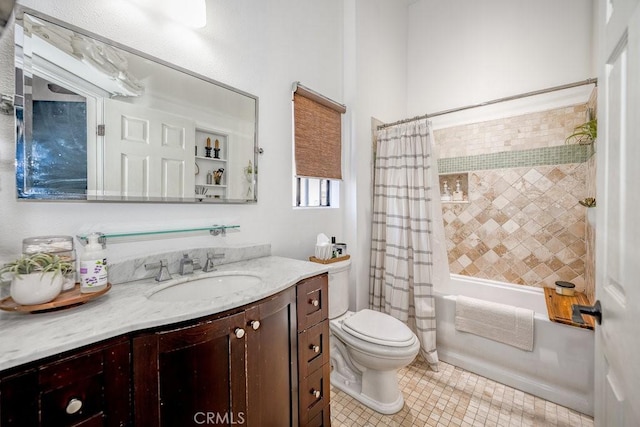 22206 Claibourne Ln, Saugus, CA 91350 - bathroom featuring toilet, tile patterned flooring, shower / bath combo with shower curtain, and vanity