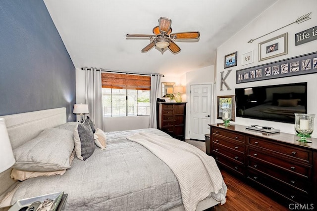 22206 Claibourne Ln, Saugus, CA 91350 - bedroom with lofted ceiling, dark wood-style flooring, and ceiling fan