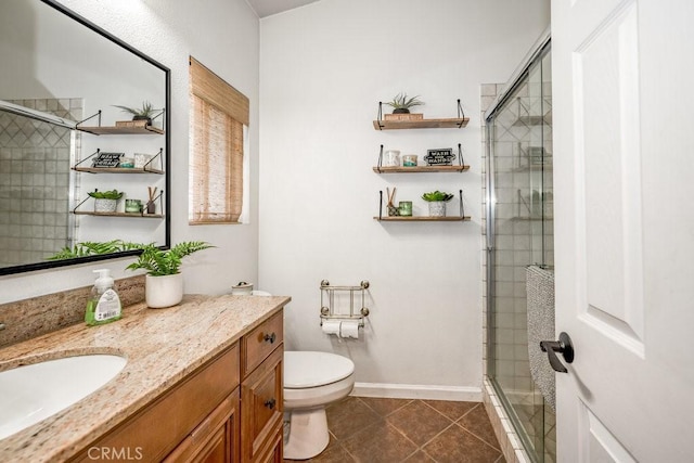 22206 Claibourne Ln, Saugus, CA 91350 - bathroom with a shower stall, tile patterned flooring, vanity, and toilet