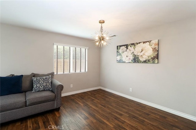 28926 Lavatera Ave, Murrieta, CA 92563 - living area with a chandelier, baseboards, and dark wood-style flooring