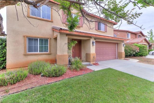 28926 Lavatera Ave, Murrieta, CA 92563 - mediterranean / spanish-style house with stucco siding, an attached garage, concrete driveway, a front lawn, and a tiled roof