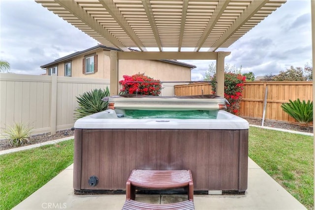 28926 Lavatera Ave, Murrieta, CA 92563 - fenced backyard with a hot tub, a patio area, and a pergola