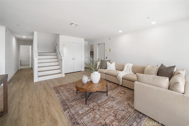 667 Hill St, San Luis Obispo, CA 93405 - living area with light wood-style flooring, stairs, and recessed lighting