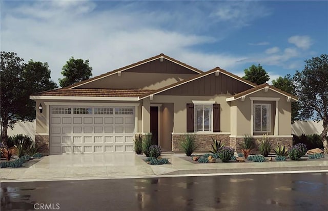 860 Wedge St, Perris, CA 92571 - craftsman house with stone siding, an attached garage, driveway, and stucco siding