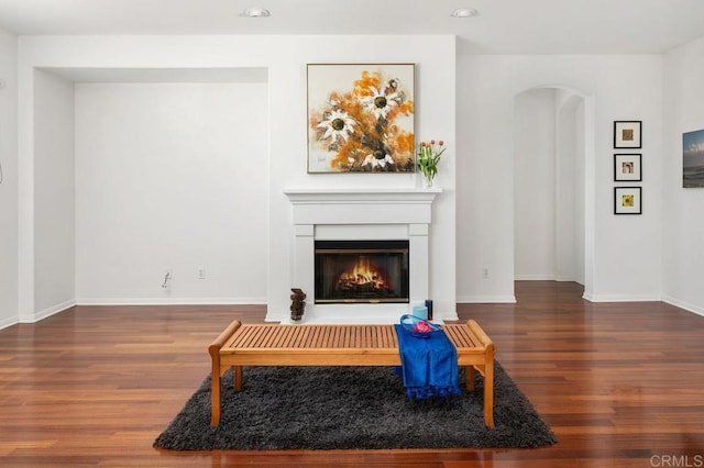 4729 Crater Rim Rd, Carlsbad, CA 92010 - living area with arched walkways, wood finished floors, a glass covered fireplace, baseboards, and recessed lighting