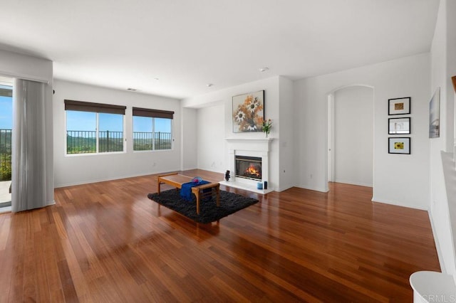 4729 Crater Rim Rd, Carlsbad, CA 92010 - living area with a glass covered fireplace, wood finished floors, baseboards, and arched walkways